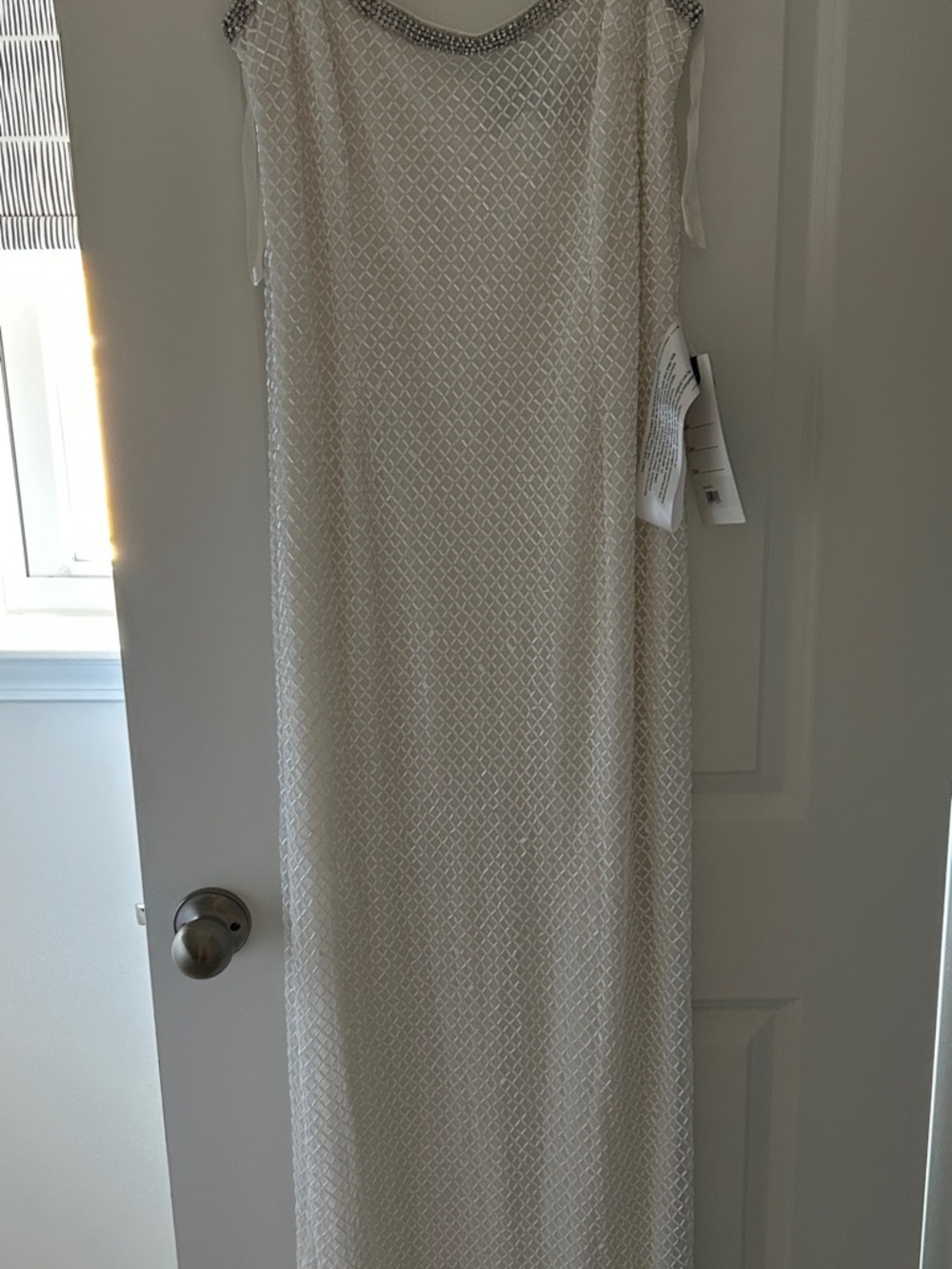 White & Silver Mac Duggal 93551 rhinestone and beaded gown, Size 10  NWT - Picture 3 of 9